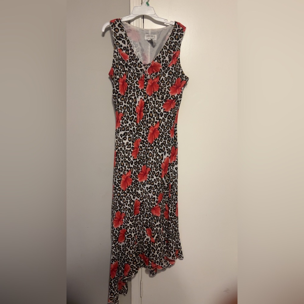 Elegant Leopard Print Maxi Dress with Red Floral Design